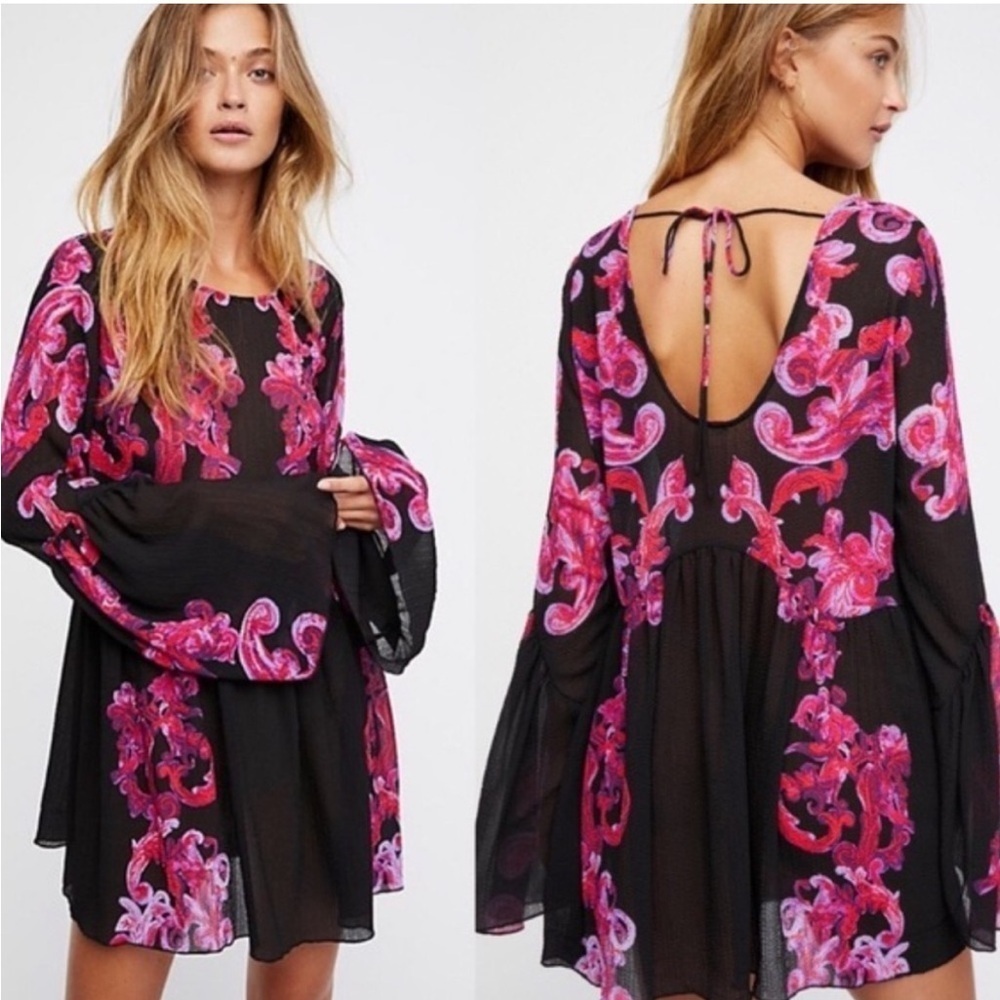 EUC Free People Symphony Bell Sleeve Dress / Tunic Top Black Floral Generous XS